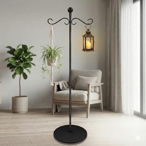 58 Inch Double Shepherds Hooks for Outdoor Indoor with Round Base Stand, Adjustable Shepherds Hook for Bird Feeder, Wind Chime, Solar Light for Garden Patio Home Decor