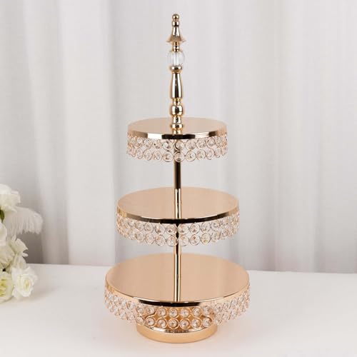 Efavormart 3-Tier Crystal Beaded Gold Metal Cake Stand, Cupcake Tower Dessert Display Stand with Round Mirror Top - 26" Tall - color: Gold, size: 3-Tier 26" Crystal