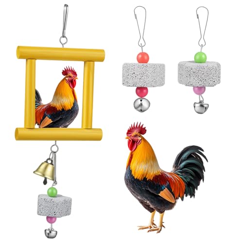 Chicken Toys for Coop, Chicken Enrichment Toys Hanging Swing Mirror with Bells and Beak Grinding Molar Stones, Chickens Mirror Toys for Coop Roosters Hens Birds Parrots(Yellow)