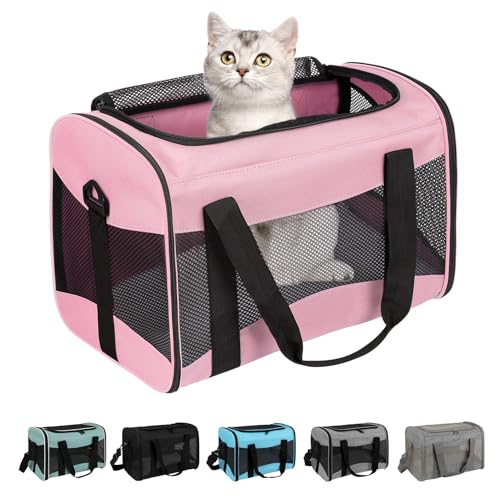 Cat Carrying Case - Pet Carrier Airline Approved, Protable and Breathable Pet Travel Carrier Removable Fleece Pad, Collapsible Cat Carrier Dog Carrier for Medium Cats Small Cats Dogs (Medium, Pink) - color: pink, size: 17.0"L x 11.0"W x 11.0"H