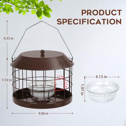 Gbekery Caged Bluebird Feeder for Mealworms with Glass Bowl, Squirrel Proof Bird Feeder for Small Birds Only, Detachable Hook, Large Space, Outdoors Weatherproof, Metal, Brown - style: Brown Glass Bowl