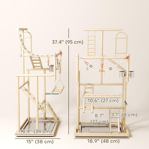 PawHut Bird Playground 4 Layer Wooden Parrot Play Stand for Parakeets | Ladders, Chain Toy, Stainless Steel Cups and Tray, Bird Cage Accessories, for Cockatiels, Finches, Lovebirds, Budgie