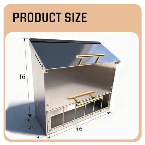 Stainless Steel Poultry Feeder 20Lbs - Manual Feed Quantity Control & Wall Mount Gravity Feeder with Push Pull Lid - Food Dispenser for Chickens Ducks Geese