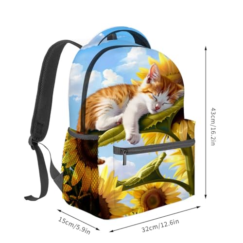 Sleeping Cat Backpack,Kitten Sunflower Polyester Backpacks,Lightweight Double Shoulder Back Pack for Kids Teens,Adorable Animal Bookbag,School Bag Gifts,Casual Travel Daypack Book Packs - color: Cat