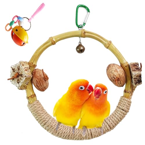 Circle Bird Swing with Bell,Bamboo Parakeet Rope Perches for Cage Ring Bird Swings Chewings Nuts Toys for Parrots Cockatiels Lovebirds Budgie