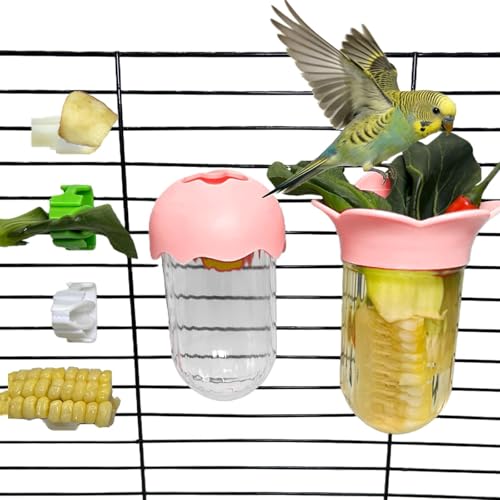 7 PCS Bird Cage Feeder for Vegetable Millet Holder Cage Accessories with Parrot Fruit Forks for Budgie Cockatiel Lovebirds Parrot (Pink) - color: Pink