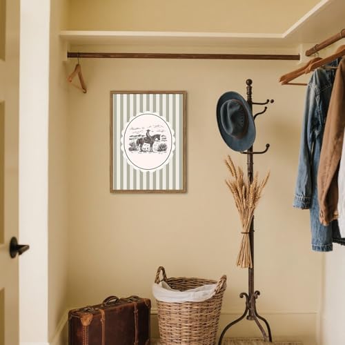 Western Cowboy Wall Art Vintage Southwest Wall Decor Painting, Retro Rodeo Stripe Poster Canvas Print Picture for Living Room Bedroom 16x24 inch Wood Framed - color: Green Cowboy, size: 24"L x 16"W