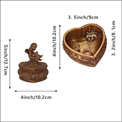 S-MANTIS Vintage Box Antique Trinket Organizer Rings Earrings Storage Gilded Heart Shape Box With Sophisticated Floral Decor And Cherub Figurine Playing The Harp Lid Keepsake Gift (Antique Gold-Heart) - color: Antique Gold-Heart