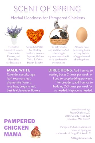 Pampered Chicken Mama Floral Nesting Herbs for Chickens (16 Ounces/1 Pound) | Relaxation Blend for Chick Brooder Box, Chicken Coop Bedding | Scent of Spring - size: 1 Pound (Pack of 1)