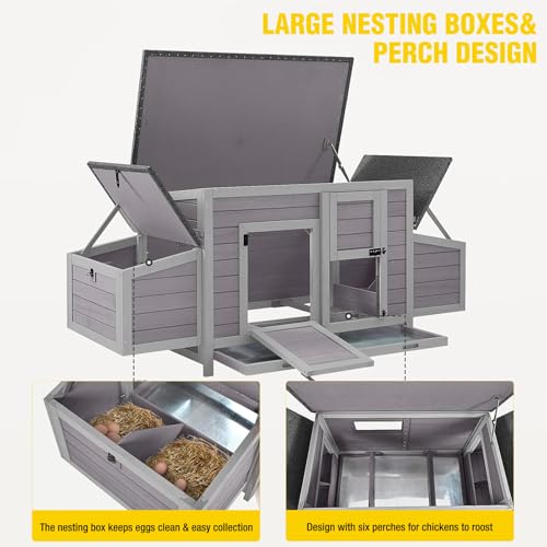 Chicken Coop for 3-4 Chickens, Large Chicken House with 2 Nesting Boxes & 6 Perches, Weather-Resistant Solid Wood Poultry Coop with Removable Cleaning Tray, Suitable for Backyard Patio Garden - color: Grey, size: 67.2"L x 25.4"W x 28.1"H