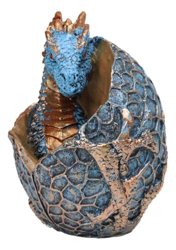 Ebros Gift Metallic Bronze and Blue Azure Dragon Hatchling in Dragon Scales Egg Figurine Medieval Gothic Fantasy Dragons Accent