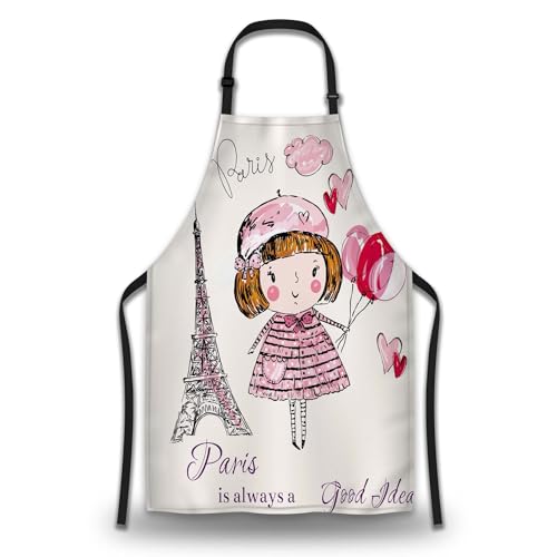 Mom Apron for Women Eiffel Tower, Little Girl in Paris Mans Aprons for Kitchen Cooking Restaurant BBQ Painting Crafting Gardening 27” (W) x 31” (H), Waterproof Apron - color: Eiffel Tower