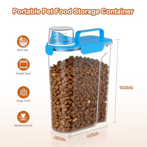 Uppetly Dog Cat Food Storage Container, 5-7Lbs Pet Food Containers, Airtight Cat Food Container with Portable Handle & Measuring Cup, Small Animal Dry Food Dispenser for Dogs, Cats and Birds - color: Blue