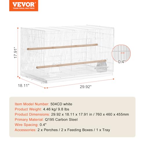 VEVOR 30-inch Flight Bird Cage, Stackable Bird Cage for Small Parrots Canaries Cockatiels Lovebirds Finches Budgies Conures Macaws Pet Travel Birdcage with Handle and Perches - color: White