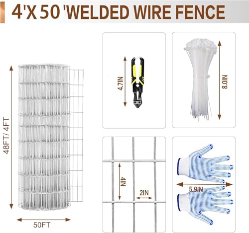 Tongmo 4 ft x 50 ft Galvanized Welded Chicken Wire Fence, 16GA Garden Chicken Wire Fence Roll, Mesh Size 2" x 4"Hardware Cloth, Ideal for Yard Protection and Poultry Netting - color: Galvanized, size: 4ft*50ft