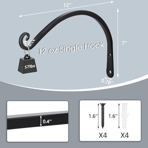 Gtongoko 12" Outdoor Plant Hanger Wall Bracket, Heavy Duty, 2 Pack | 57lb Capacity,Rust-Resistant Finish,Easy Installation,Fit Hanging Baskets,Ideal for Bird Feeders & Lanterns - size: 12 Inch, style: C-shape