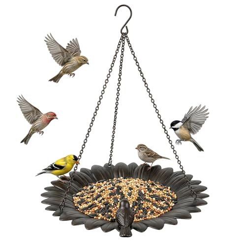 Topadorn Hanging Bird Feeder Tray, Sunflower Platform Feeder for Outside | Outdoor Bird Feeder Tray for Wild Birds, Metal Seed and Water Dish with Hanging Chains and S-Hook for Garden and Patio