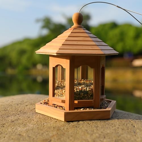 Wooden Bird Feeder for Outdoors Hanging, Red Cedar Hexagon Shaped Large Capacity, Cardinal Birdfeeder for Garden Decoration Yard, Weatherproof and Durable(Medium) - size: Medium