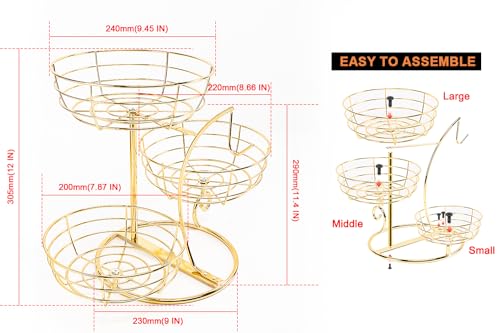 Livabber Fruit Basket Bowl with Banana Hanger, Fruit Vegetable Storage Basket with Banana Tree Holder for Kitchen Counter, Detachable Organizer for Bread Snack Produce (Gold, 3-Tier Metal Base) - color: Gold, style: 3-Tier Metal Base