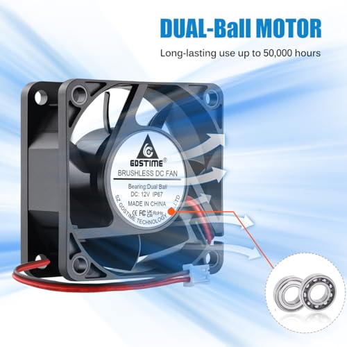GDSTIME 60mm x 25mm 12V IP67 Waterproof Cooling Fan 2Pin Dual Ball Bearing | 60x60x25mm, 4500RPM High Speed, Brushless DC, 50000hr Lifespan, IP67 Rated, For Solar Battery Box, Incubator Replacement - size: 60x25mm