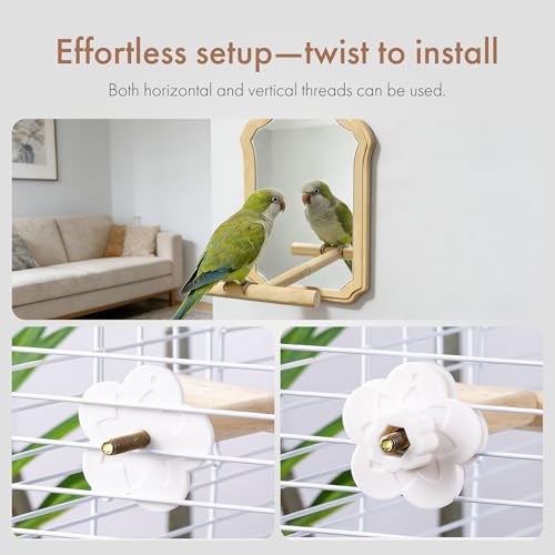 Parrot Mirror Toy with Natural Wood Perch | Fun Self-Entertainment for Birds | Prevent Boredom, Feather Plucking & Loud Calls | Acrylic Mirror and Wood Perch for Parakeets, Cockatiels, Lovebirds