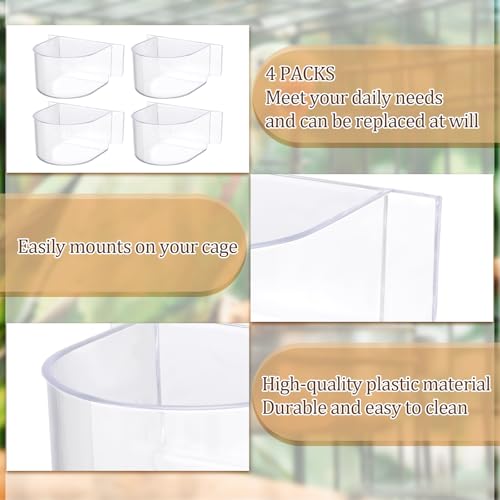 LemonRoad 4 Pcs Clear Bird Cage Feeder Bird Food Water Bowls Dish for Cage Feeding Drinking Seed Container Feeder Cup Plastic Birdcage Tray Replacement Thick Food Trough Box Supply for Parrot Pigeon