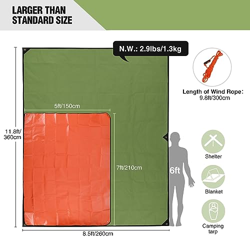 Heavy Duty Survival Blanket, Waterproof Emergency Thermal Tarp, Multipurpose Reflective Insulated All Weather Blankets for Camping Hiking, Green,11.8 x 8.5 ft - color: Green 142''x102''