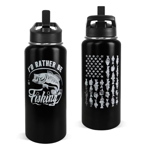 Fishing Water Bottle with Straws Fish Insulated Water Bottle Gifts for Men Dad Papa Husband Fisherman Fathers Day,Anniversary,Christmas,Birthday Travel Thermal Double Walled Vacuum Cup-32 oz - color: black fishing