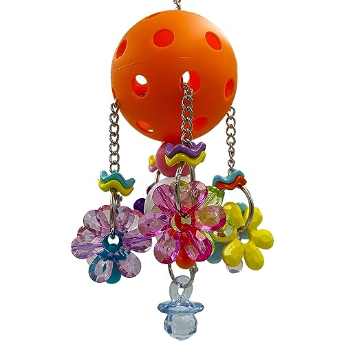 Pullable Bird Plastic Ball Toys with Acrylic Pacifiers and Flowers, Colorful Parrot Toys for Medium and Large Parrot Quaker Monk Parakeet Sun Conures (Orange) - color: Orange