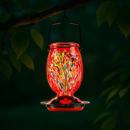 Solar Hummingbird Feeder for Outdoors Hanging Patio Designed 32 Ounces Colorful Hand Blown Glass Hummingbird Feeder 5 Feeding Ports with Perch Never Leak (Red)