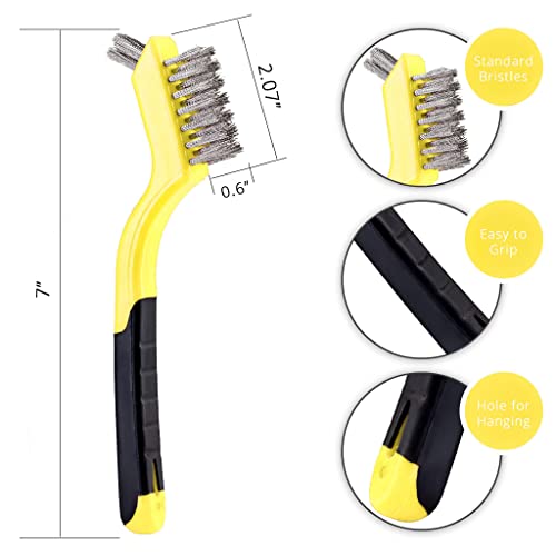 Wire Brush Set 3Pcs - Nylon/Brass/Stainless Steel Bristles with Curved Handle Grip for Rust, Dirt & Paint Scrubbing with Deep Cleaning – 7 Inches (Yellow) - color: Yellow