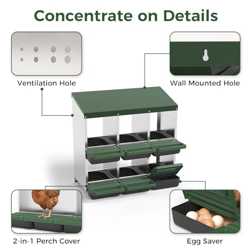 Garvee 6-Hole Chicken Nesting Box with Removable Lid, Metal Chicken Coop with Roll Away Design/Easy Egg Collection/Ventilation Holes, for Chicken Coops, Duck Coops and Hens (Green) - color: GREEN, size: 31.9"L x 20.5"W x 31.1"H