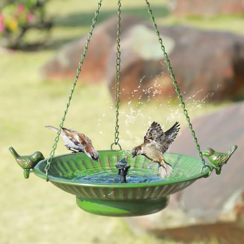 13" Hanging Bird Bath with Solar Fountain,Metal Solar Bird Bath (Green) | Hanging Solar Bird Bath,Birdbath Bubbler ,Hanging Bird Bath for Outdoors Garden, Patio & Yard.