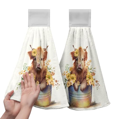 Cute Cow Hanging Kitchen Towels Set of 2 Farm Highland Cattle Daisy Hand Towel with Hanging Loop Rustic Farmhouse Tie Tea Dish Towel Soft Absorbent Fingertip Bath Towel for Bathroom - color: Cow