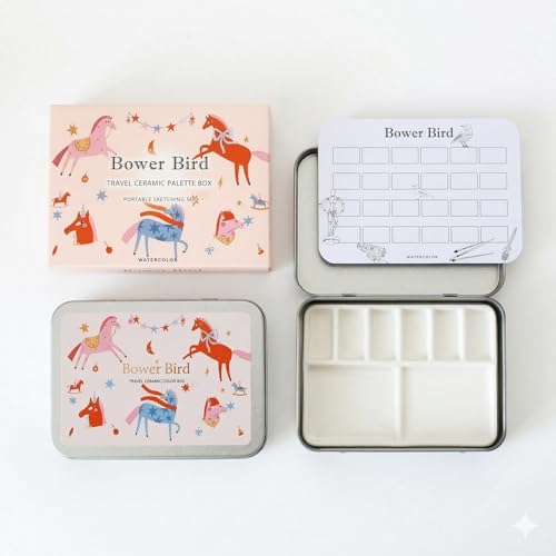 Bower Bird Travel Ceramic Watercolor Palette with Porcelain Mixing Tray, Metal Tin Box, White, 5.3x3.5x0.55 Inches, Portable Art Kit (8Well)