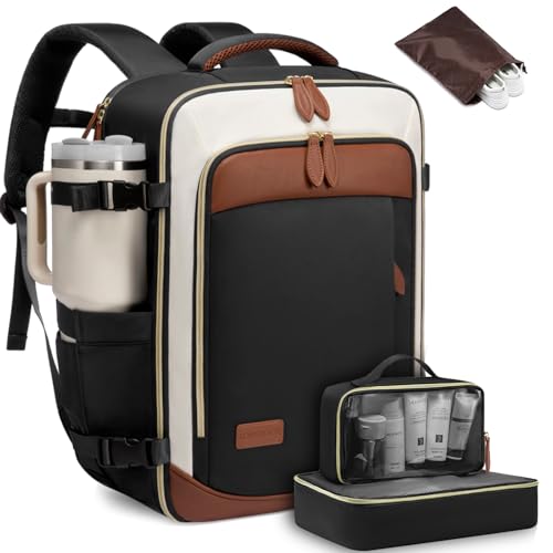 LOVEVOOK 40L Travel Backpack for Women, Carry On Backpack with 3 Packing Cubes,TSA Personal Item Travel Bag Airline Approved, Water Resistant Weekender Overnight Luggage Daypack, Fits 17.3 Inch Laptop - color: H-black-beige-brown, size: Large - 17.3 Inch