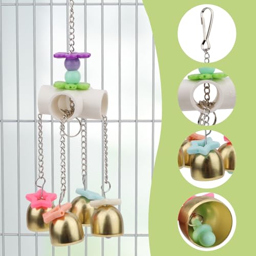 Hypeety Bird Bell Toy with Sweet Sound Cage Hanging Swing Bell for Parakeet | 4 brass bells with colorful beads, chewable for easy-hanging, encourages play and exercise, for small and medium bird, 8.66'' - color: Bell Toy-4 bells