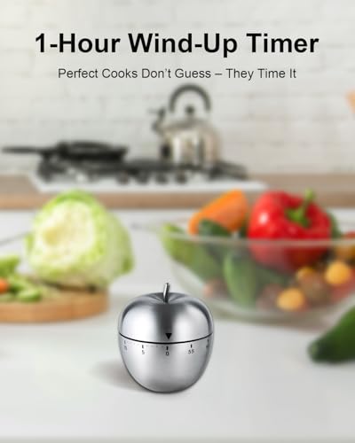 Kitchen Timer for Cooking, 60 Minutes Mechanical Timer - No Batteries Required, Stainless Steel Apple-Shape Cute Countdown Clock for Cooking, Learning, Exercises, Gaming - color: Silver2