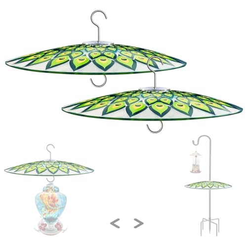 13" Large Glass Rain Cover for Bird Feeder, 2-Pack Peacock Weather Guard | Stainless Hooks Squirrel Baffle Dome, Dual Use Protective Shield on Shepherd Pole or Hook Hanging, Bird House Protector, 33cm - color: Peacock Feather, size: 2PC/Pack