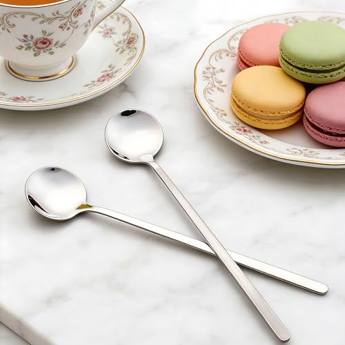 Long-handled Mirror-Finish Small Round Stainless Steel Spoon, Suitable for Scooping Bird's Nest, Honey, Coffee, Milk Powder, Sugar, Cocoa Powder and Other Foods & Desserts (10pcs 6.7", Silver) - size: 6.7in, style: 10Pcs Silver