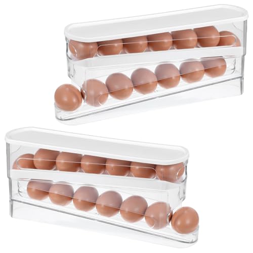2 Pack Egg Dispenser for Refrigerator 4 Floors Eggs Holder for Fridges | Auto Rolling Fridge Egg Carton,14 Grid Space Saving Clear Eggs Storage Box,Rolls Stackable Container, with Lid for Kitchen