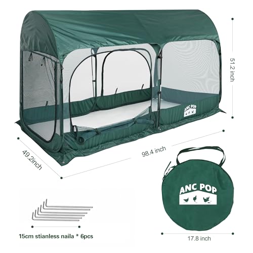 ANC POP Portable Chicken Run Large Pop-Up Chicken Pen for Small Animals Outdoor Gardening Net with 3 Doors and Handbag, Easy to Install and Storage, Green - size: 98.4"L x 49.2"W x 51.2"H