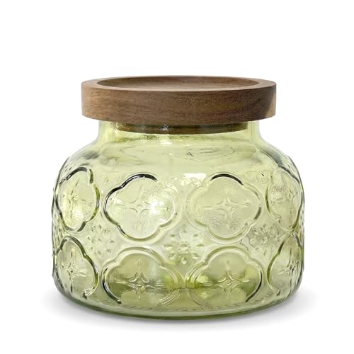 Decorative Green Embossed Glass Jar with Airtight Wooden Lid, 25.4 fl. oz | Wide mouth vintage storage canister, kitchen pantry bathroom organization, coffee sugar tea cookie candy candle vase gift - size: 25.4 Ounces, style: Green Celandine