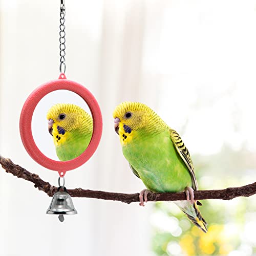 2PCS Bird Mirror with Bell Parrot Hanging Interactive Playing Toy for Cockatiel Parakeets Canaries Budgie Cage Accessories (Red) - color: Red