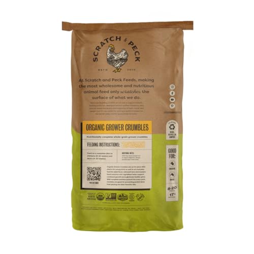 Scratch and Peck Feeds | Grower Crumbles for Chickens & Ducks | 25 lb Bag | 17% Protein, Corn & Soy Free, Certified Organic & Non-GMO Project Verified, Complete Nutrition - size: 25 Pound (Pack of 1), style: Grower