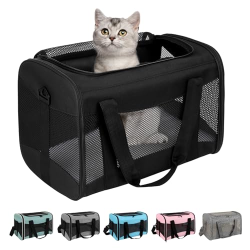 Cat Carrying Case - Pet Carrier Airline Approved, Protable and Breathable Pet Travel Carrier Removable Fleece Pad, Collapsible Cat Carrier Dog Carrier for Medium Cats Small Cats Dogs(Medium, Black) - color: black, size: 17.0"L x 11.0"W x 11.0"H