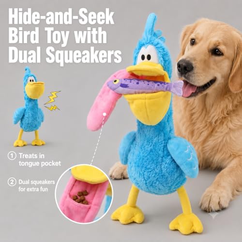Squeaky Dog Plush Chew Toy Set, Interactive Tug Squeaky Toy for Chewers, Medium&Large Dogs&Fetch Play, 20.5 in Stuffed Bird with Bonus Fish Toy&Treat Storage Beak for Gentle Gum Care & Boredom Relief - color: Blue (Dada Bird)