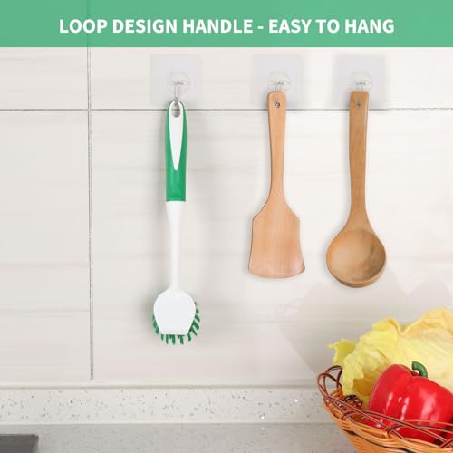 Dish Brush with Handle, 2 Pack Scrub Brushes, Green | Built-in Scraper, For Cleaning Kitchen, Pots, Pans and Sink, Scrubber Washing Tools - color: Green