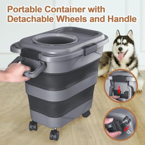Dog Food Storage Container，23-25 lbs Airtight Collapsible Cat Food Storage Container with Attachable Wheels, Portable Handle, Dog Food Scoop for Dog Cat Bird Pet Dry Food Storage Bin Dark Grey - color: Dark Grey, size: Large