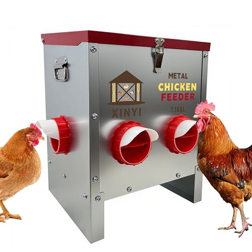 XINYI 7.1 Gallon Auto Chicken Feeder, 6 Ports Galvanized Chicken Feeder,Large Chicken Food Container No Waste & Rodent Proof Chicken Food Dispenser System, Weatherproof Duck Feeder - size: 6 ports